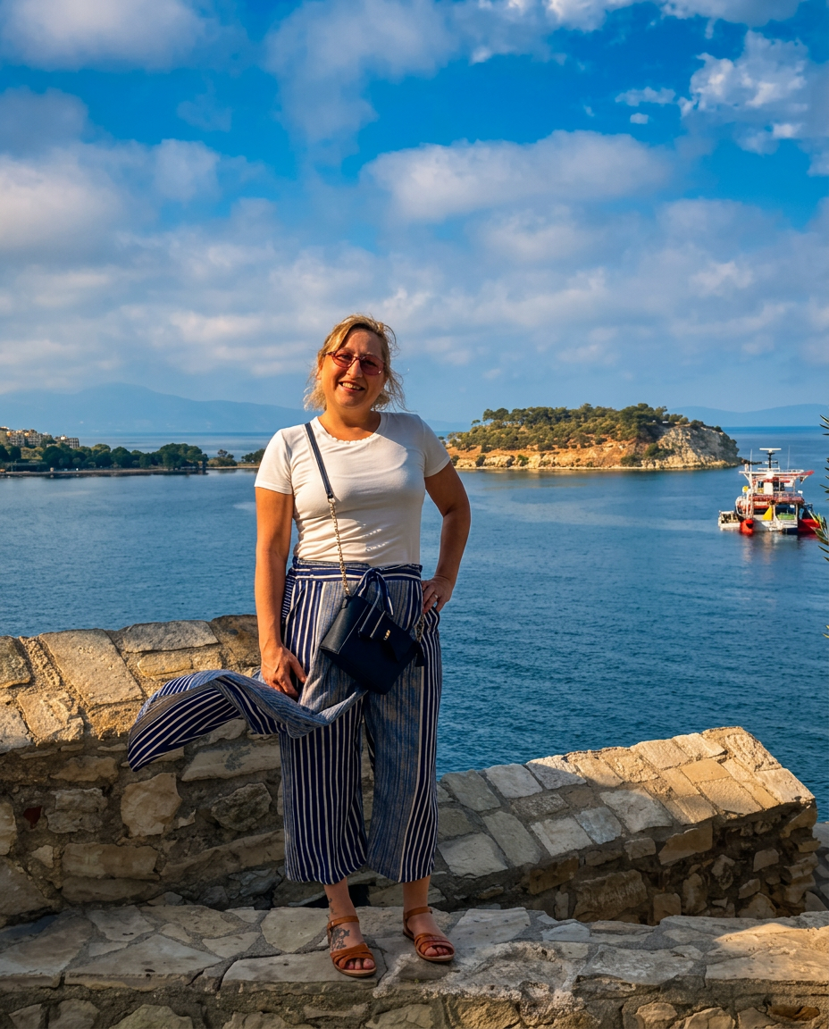 Kathy on a stone wall overlooking the sea in Greece
